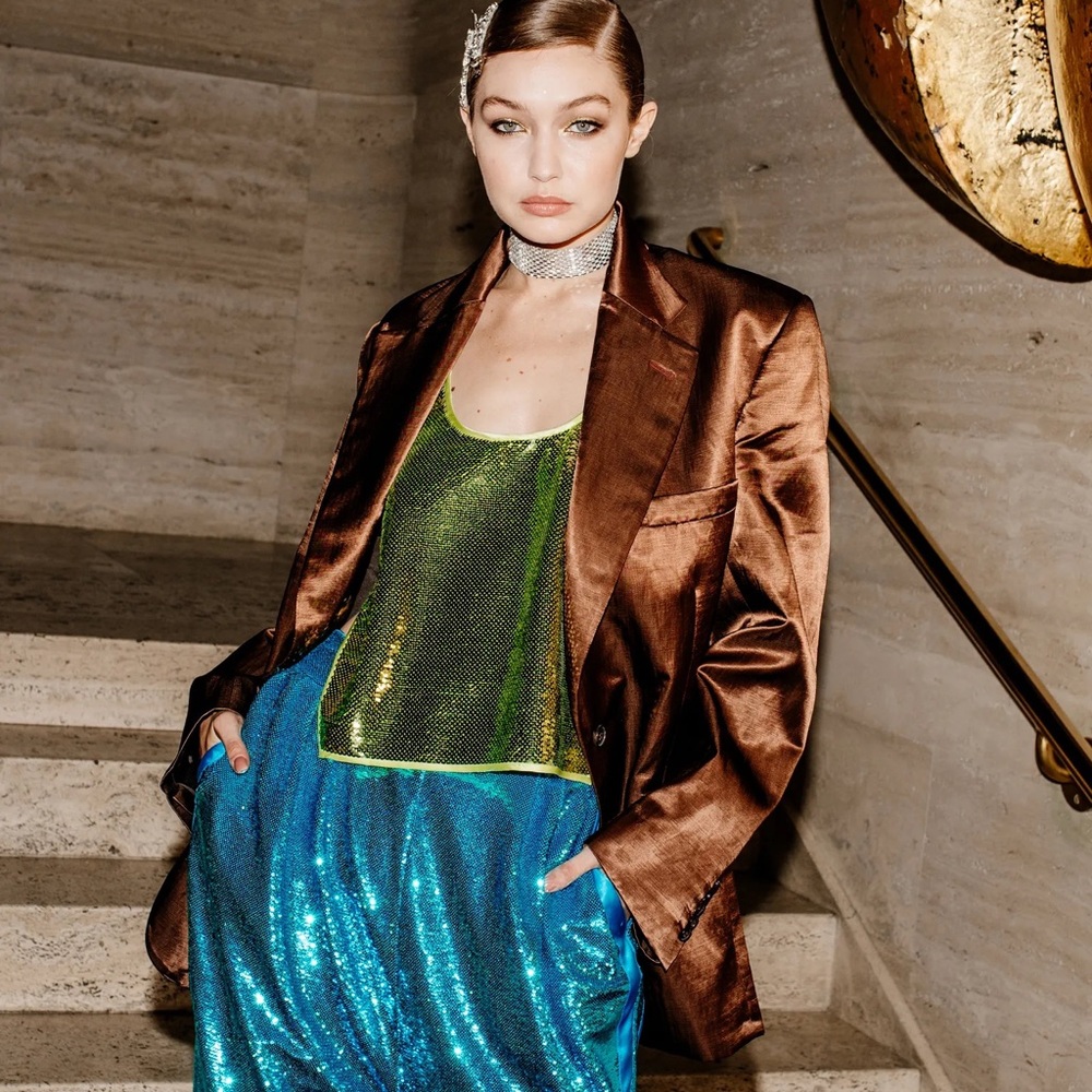 Brown Satin Blazer with Green and Blue Outfit